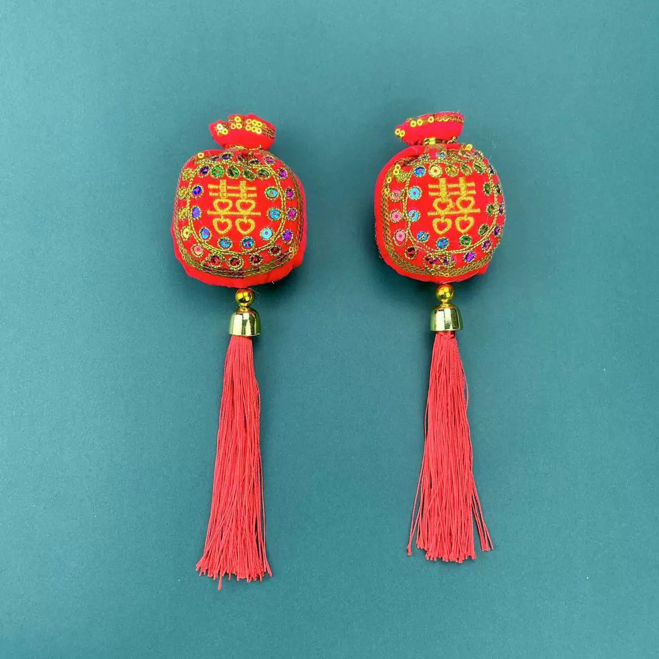 中国红婚庆喜字袋保平安挂件亮片刺绣手工编织成品刺绣包香包挂饰