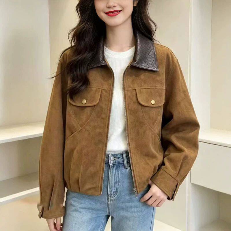 Áo khoác ngắn nữ cổ bẻ dáng rộng phong cách thanh lịch công sở — Màu kaki (bản cao cấp), Màu nâu cà phê (bản cao cấp) chi tiết 1