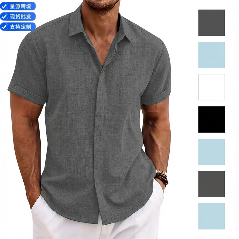 Cross-border Amazon wish ebey Men's Loose Sweatshirt Cotton Linen Shirt Beach plus size Men's Short Sleeve Shirt