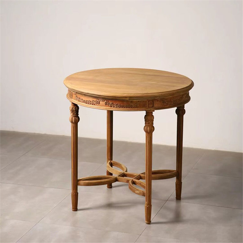 European-Style Vintage Solid Wood Carved Distressed Round Table, New Chinese-Style Classical Natural Wood Color Round Side Table Coffee Table