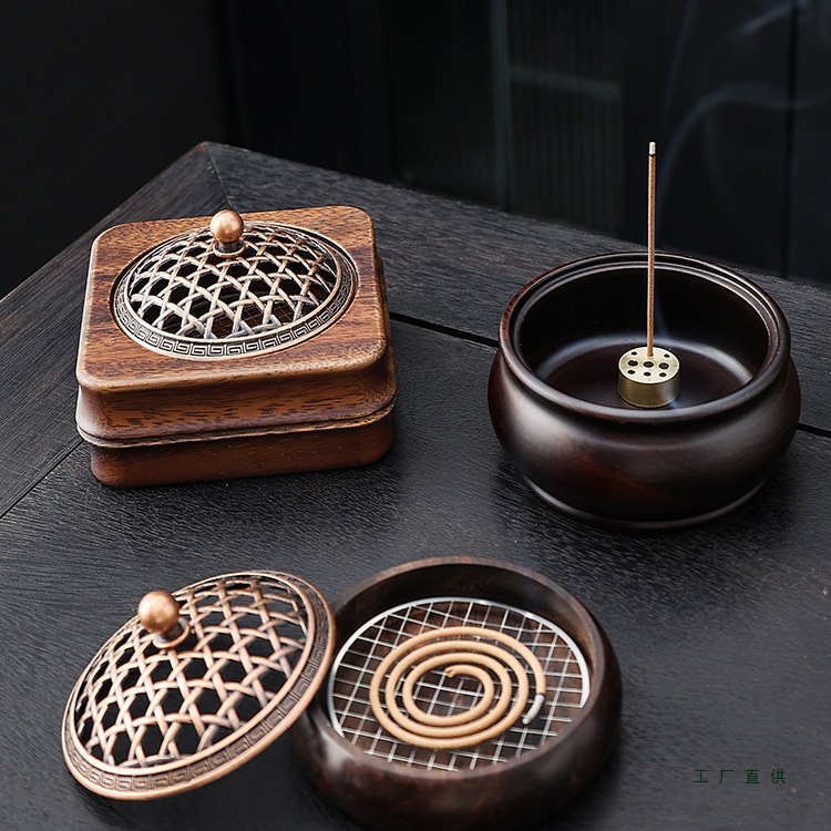 胡桃木茶道香炉家用沉香香料香薰炉香插线香底座小檀香盘香架实木