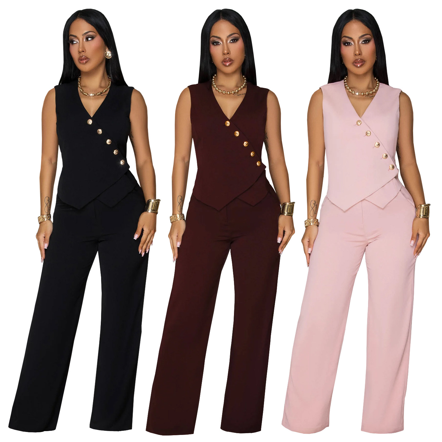 C7496 Aliexpress transfronterizo Amazon Europa y América moda de mujer casual sin mangas v-collar chaqueta pantalones largos de dos piezas nuevo