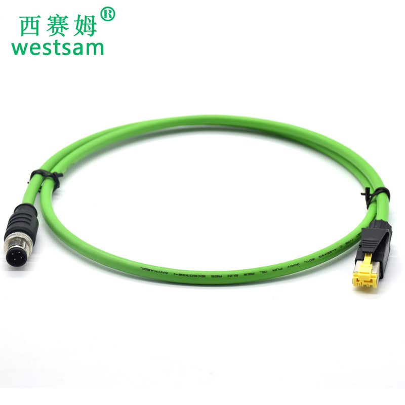Industrial Ethernet M12 D type to RJ45 crimp connector green PUR wire mesh wire connector