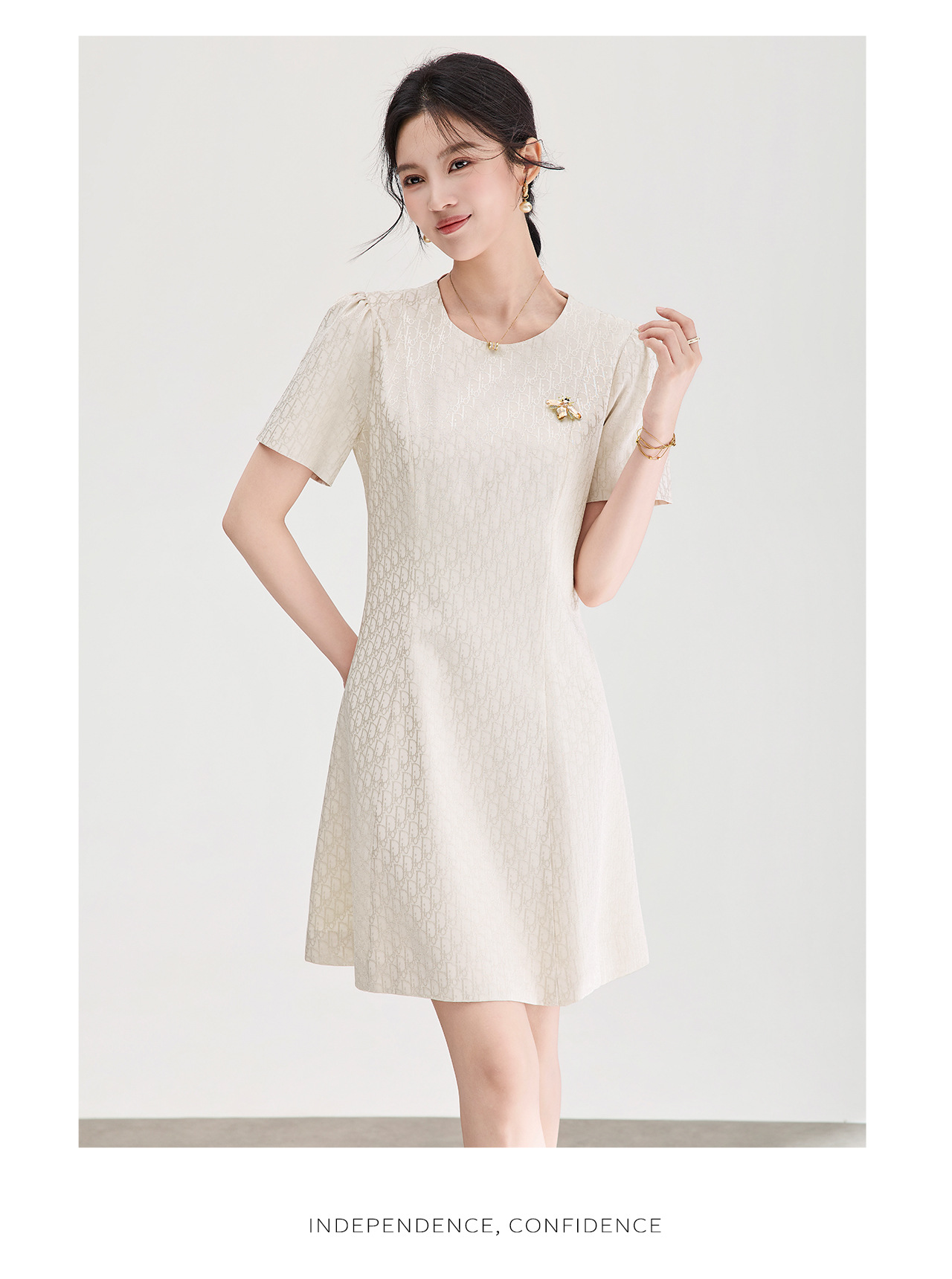 Đầm ngắn tay thắt eo jacquard kiểu dáng thanh lịch mùa hè — màu hồng chi tiết 18