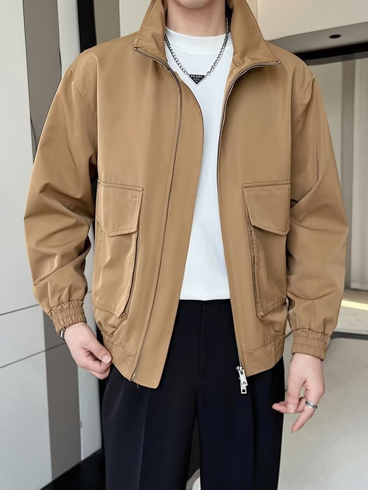 Stand up collar, cool men's spring autumn assault jacket, light mature style, high-end feel, workwear, trendy brand_voghion.com