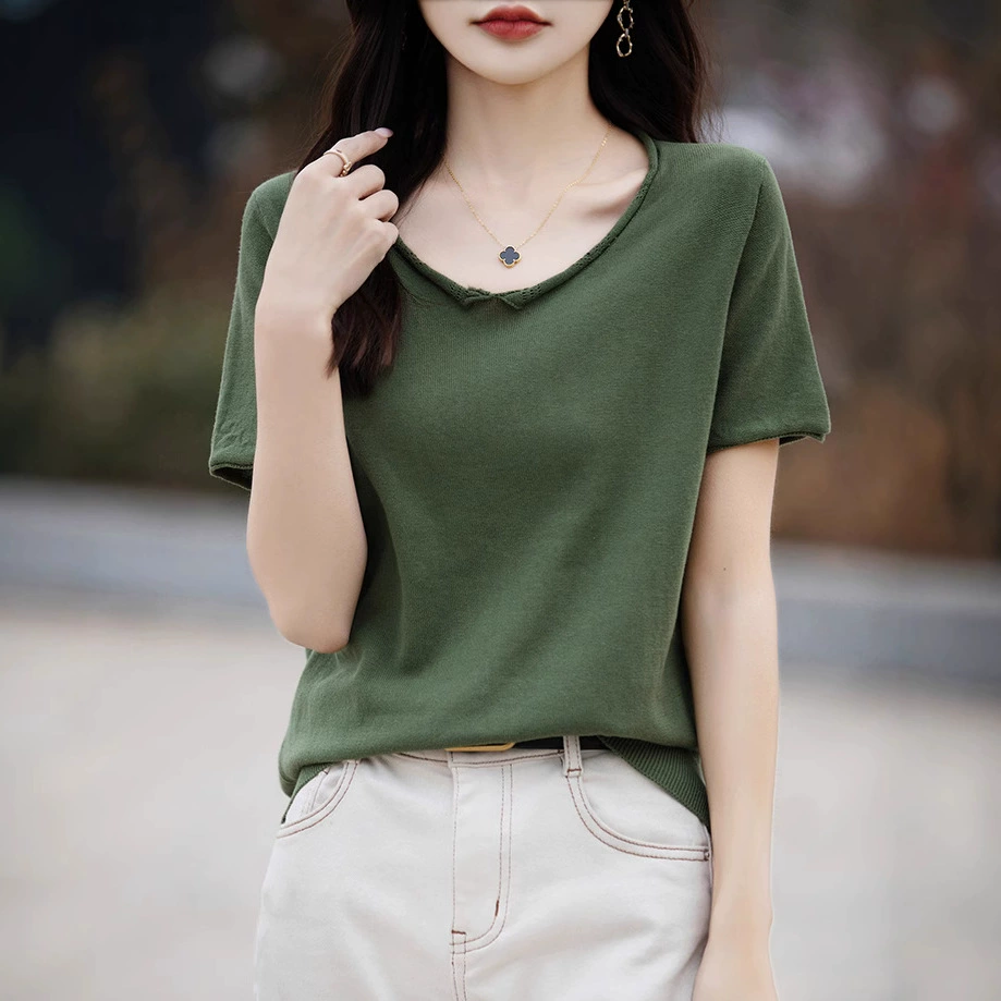Вязаный трикотаж, женская высококачественная верхняя одежда с короткими рукавами, летняя тонкая футболка с v-образным вырезом, зеленая футболка на правое плечо, топ из 100% чистой хлопчатобумажной нити