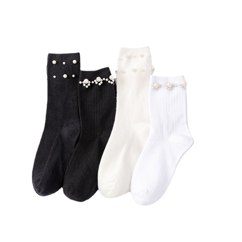 Nuevos calcetines de mujer un círculo perla media flor doble fila negro y blanco JK serie media pantorrilla calcetines de estilo universitario accesorios calcetines personalizados