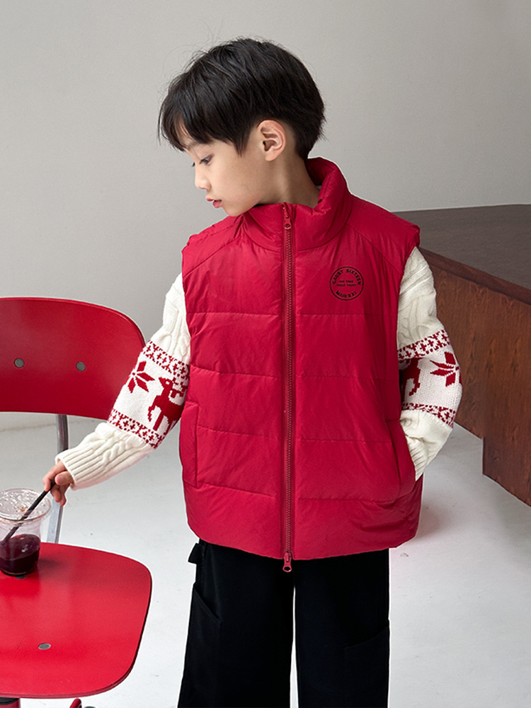 Chaleco de pluma para niños 2025 otoño y invierno nuevo chaleco caliente de cuello rojo para niños image 4