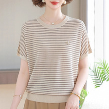 中年妇女时尚圆领条纹夏装针织短袖T恤2025中老年妈妈装气质上衣