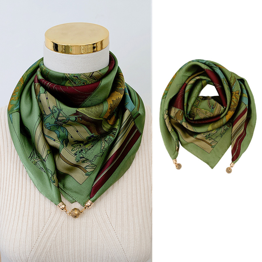 짙은 녹색 - 복고풍 말(65 모조 실크 자석 버클 사각 스카프)