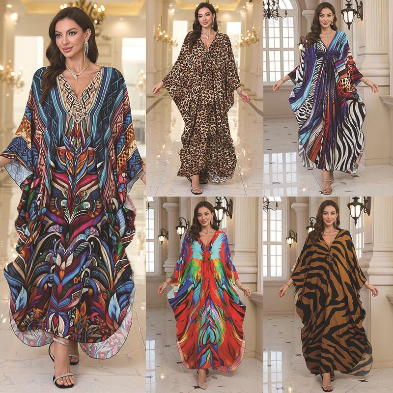 New European and American Style Cotton Printed Vacation Beach Long Dress for Women, Loose Long Dress, Bikini Cover-Up, Sun Protection Clothing