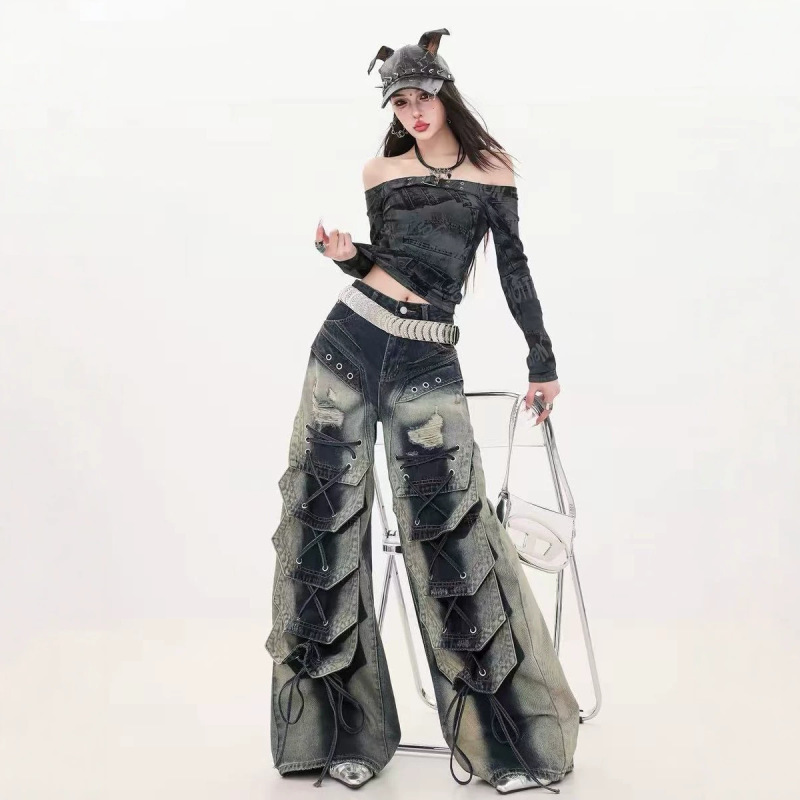 Plus-Size American Retro Heavy-Duty Crocodile-Patterned Jeans for Women, Punk Gradient Tie-Up Loose Wide-Leg Floor-Length Trendy Pants Plus-Size American Retro Heavy-Duty Crocodile-Patterned Jeans for Women, Punk Gradient Tie-Up Loose Wide-Leg Floor-Length Trendy Pants