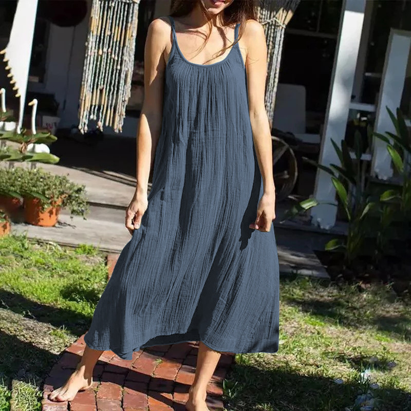 Cotton Casual Cami Dress Summer Vacation Women Maxi Dress Loose Solid Color Backless Double Layer Gauze Sleeveless Dress 8 Cotton Casual Cami Dress Summer Vacation Women Maxi Dress Loose Solid Color Backless Double Layer Gauze Sleeveless Dress