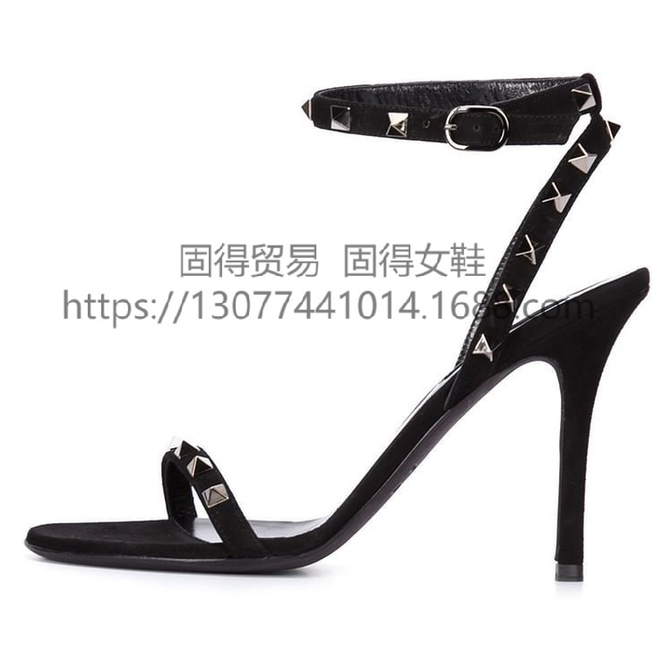 跨境独立站ins时尚走秀纯色细高跟Rivet铆钉一字扣带女单鞋凉鞋St