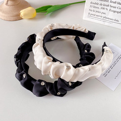 New French Retro Pleated Headband with Water Diamond Wide Edge Hair Pin for Washing Face Outdoors High Crown Headband for Women