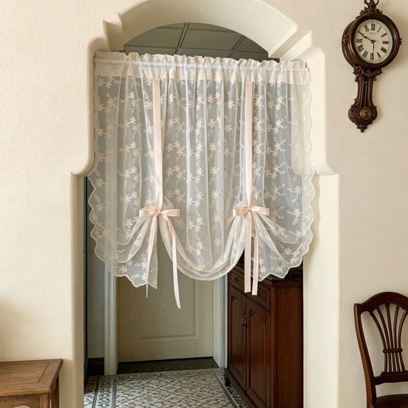 Korean-Style Pastoral Embroidered Window Sheer Curtain, Pull-Up Curtain, Lace Sheer Curtain, No-Drill Magic Tape Partition for Bay Window and Balcony Korean-Style Pastoral Embroidered Window Sheer Curtain, Pull-Up Curtain, Lace Sheer Curtain, No-Drill Magic Tape Partition for Bay Window and Balcony