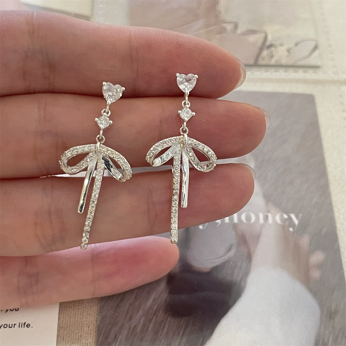 Серебряная игла, серьги, универсальный дизайн с цирконием и бантом, стиль высокого качества, стиль Chanel, простой и элегантный дизайн