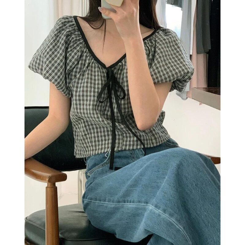 Korean Ins Summer New Sweet and Versatile Plaid V-Neck Front-Tie Side-Zip Shirt for Women