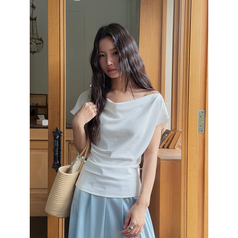 【マイスモール酔い2.0】Geming韓国風通勤ワンショルダー半袖Tシャツ夏新作プリーツトップスW269C|undefined