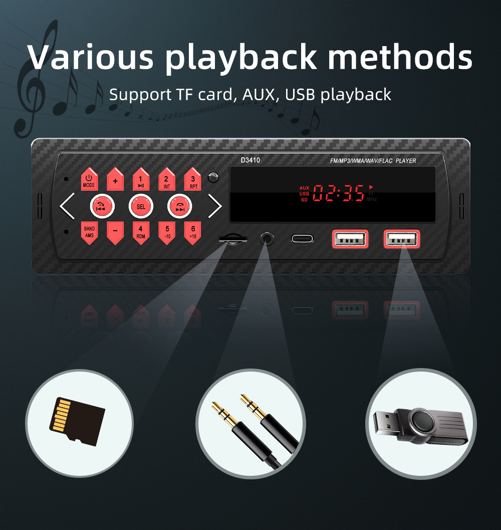 D3410 Red Light Short Model Single Spindle Dual USB Car Bluetooth Mp3 Player Fm Radio 12V Dropshipping