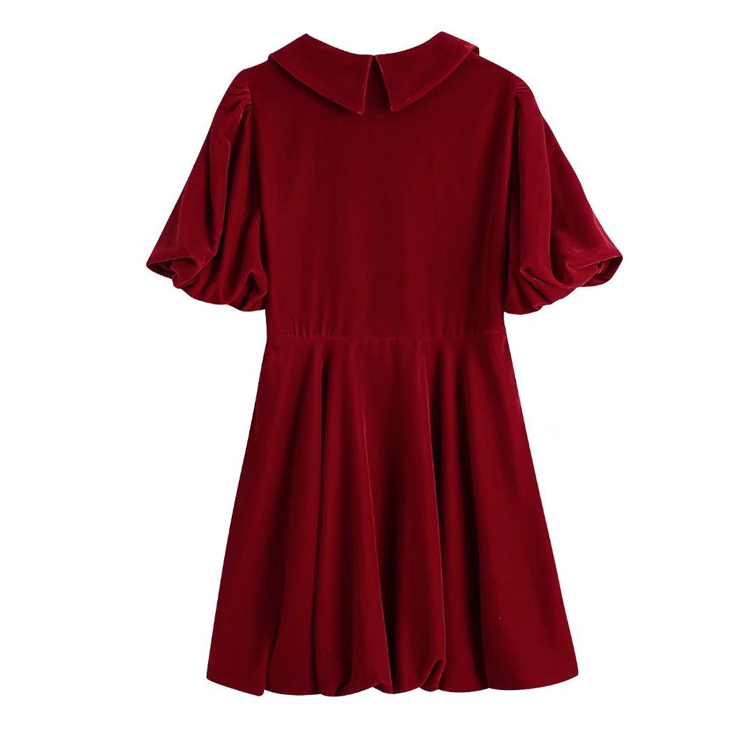 Puff-Short Sleeve V Neck Solid Color Velvet Dress NSXFL114276