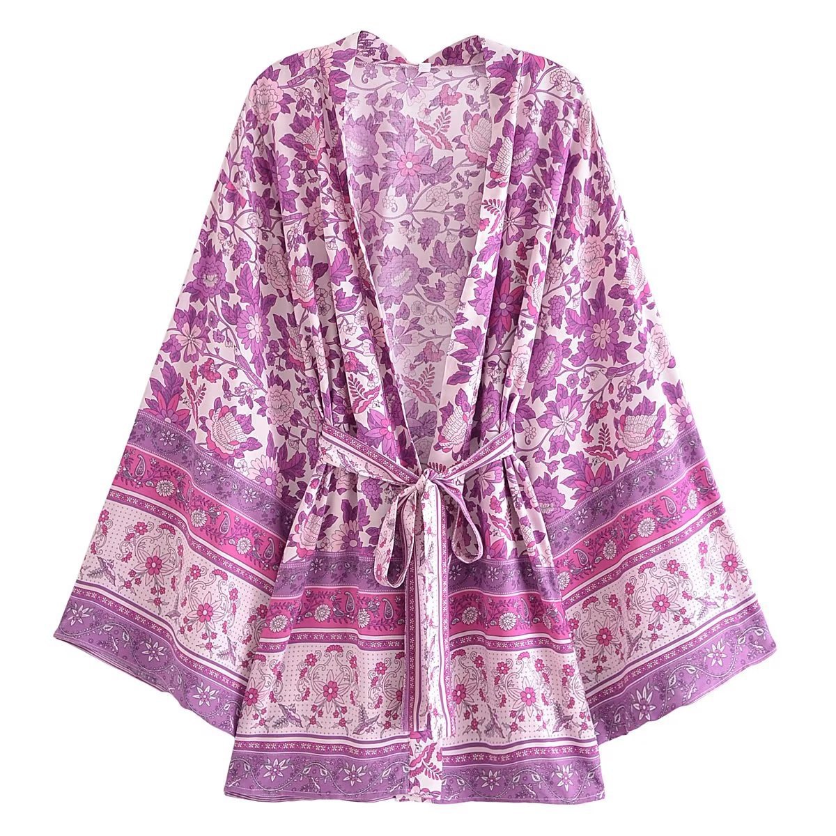 Cross-border European and American style women's clothing 2024 spring new print V-neck tie-front kimono jacket