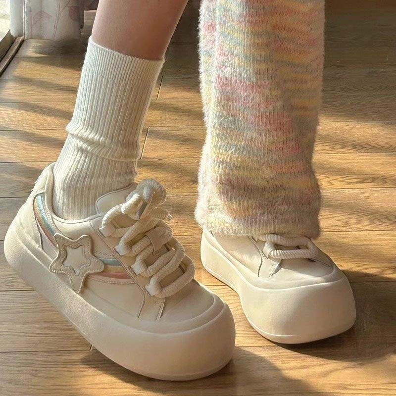 Cute and Ugly Big Head Star Bread Shoes for Women 2025 Spring New Rainbow Thick Sole Student Versatile White Sneakers