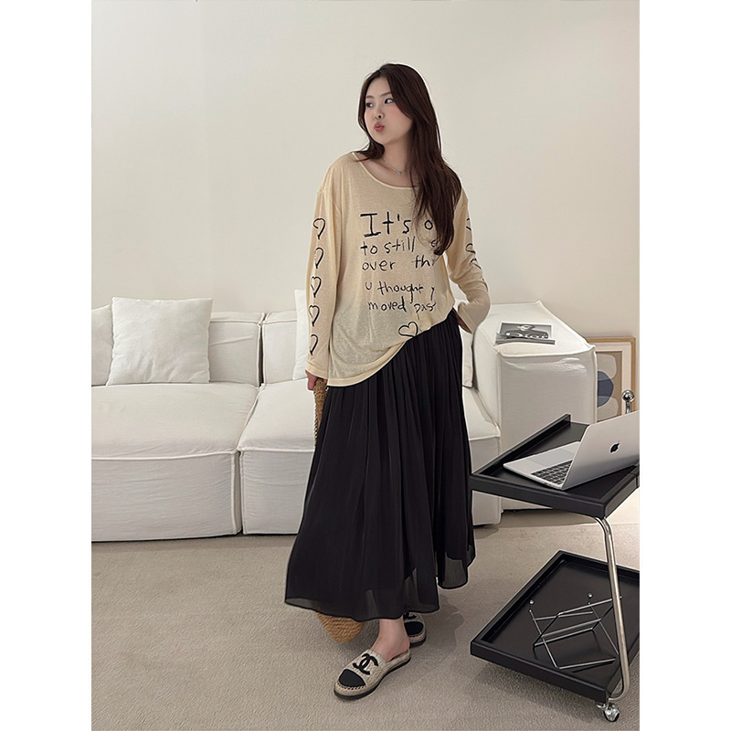 Women's plus size apricot Letter Love Printed Sunscreen T-shirt Women's Summer Long Sleeve Thin Loose Slimming Air Conditioning Blouse