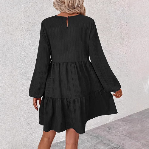 Cross-border AliExpress fast-selling black solid-color crew neck long-sleeved simple pleated autumn casual short dress