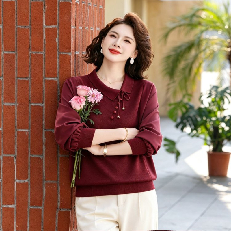 Dropshipping early autumn middle-aged and elderly women's clothing, lapel collar, tie-up blouse, elegant patchwork long-sleeve slimming mom top