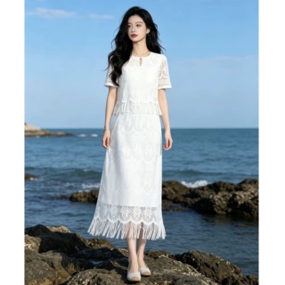 8278现货初夏极简风高级百搭遮肉显瘦流苏摆裙