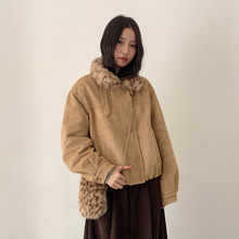 【欧凡】英伦风麂皮绒加厚豹纹领外套女冬季保暖显瘦短上衣11053