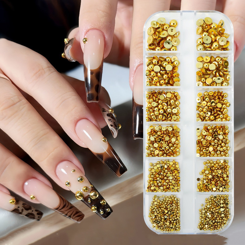 Cross-Border Amazon Gold and Silver Semi-Circle Pearl Nail Art Accessories Acrylic Metal Flat-Bottomed Gold and Silver Pearl Nail Decorations