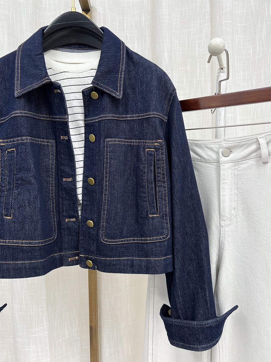 Áo khoác denim nữ phong cách cổ điển tay trễ vai dáng ngắn — màu xanh