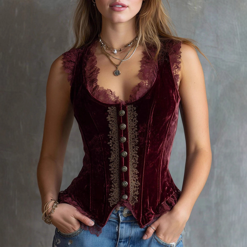 French-Style Lace V-Neck Blouse, Summer Women's Velvet Sleeveless Tank Top with a Unique Design
