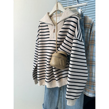 跨境实拍银狐绒美式半拉链翻领套头条纹卫衣女大码秋冬薄款外套