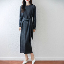 2025秋冬气质长款100%纯羊毛针织连衣裙女宽松系带羊绒打底毛衣裙