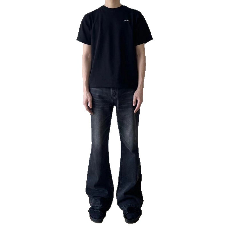 Men's Retro Washed Black Jeans Slim Fit Straight Leg Slightly Flared Long Pants Whiskered American High Street Vibe Style_mkmklike.com