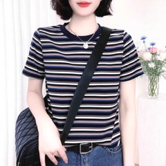 美式复古2025夏季新款条纹短袖t恤女时尚宽松减龄显瘦正肩上衣女