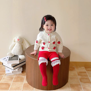 2025秋季新款婴幼儿立体草莓针织套装女宝宝毛衣开衫短裤两件套