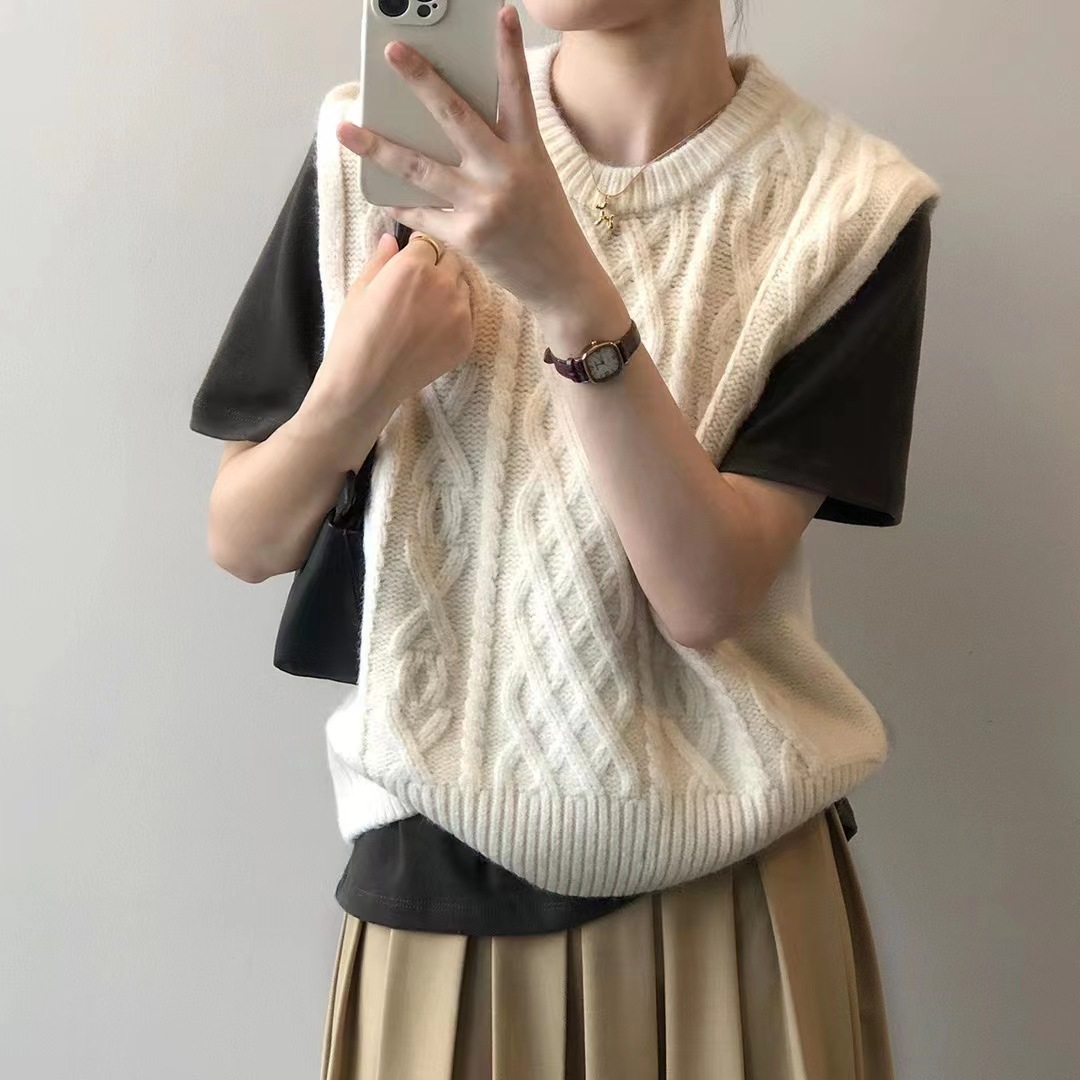 Estilo coreano grueso flojo apilado Chaleco de punto exterior cuello redondo chaleco vintage giro suéter sin mangas para las mujeres Otoño e Invierno