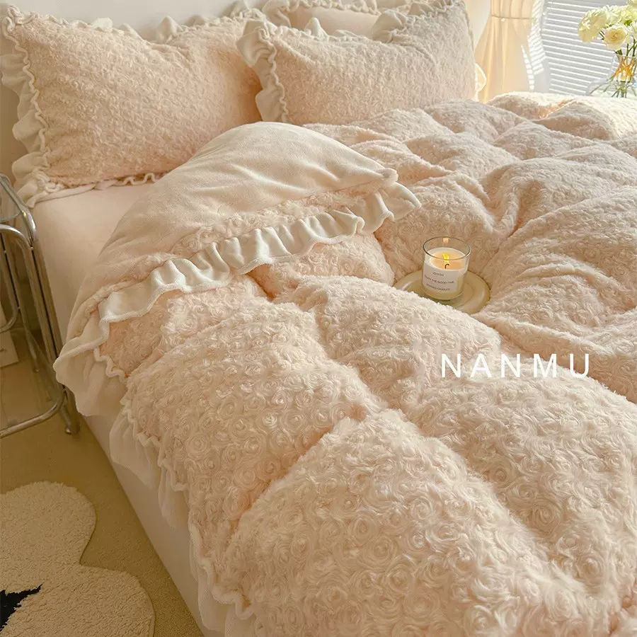 奶油玫瑰｜仙女花边款加厚牛奶绒四件套冬天獭兔绒法莱绒1.8床笠