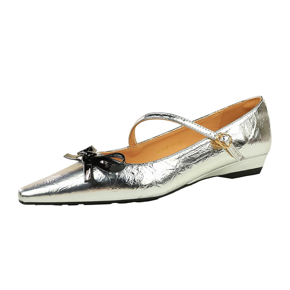 3683-2H81 European And American Style Pointed Toe Shallow Mouth One-Strap Women's With Bow Low Heel Comfortable Wedge_vogvips.com