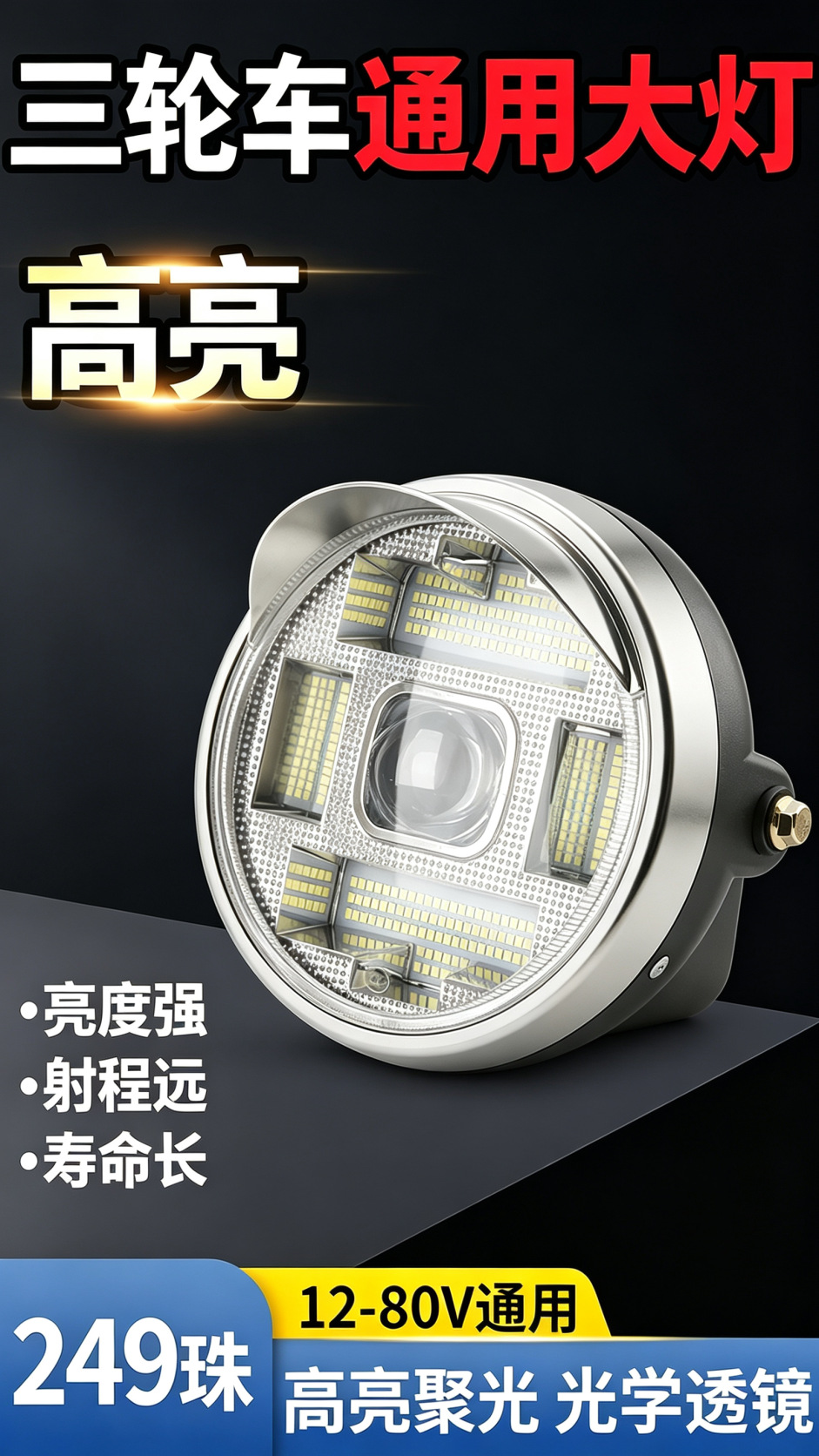 Electric Tricycle LED Front Headlight Motorcycle Super Bright Modified Round Headlight 12v-80V Universal Electric Vehicle Headlight