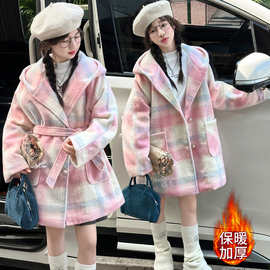 女童格子毛呢大衣秋冬季2025新款儿童韩系加厚女大童呢子外套