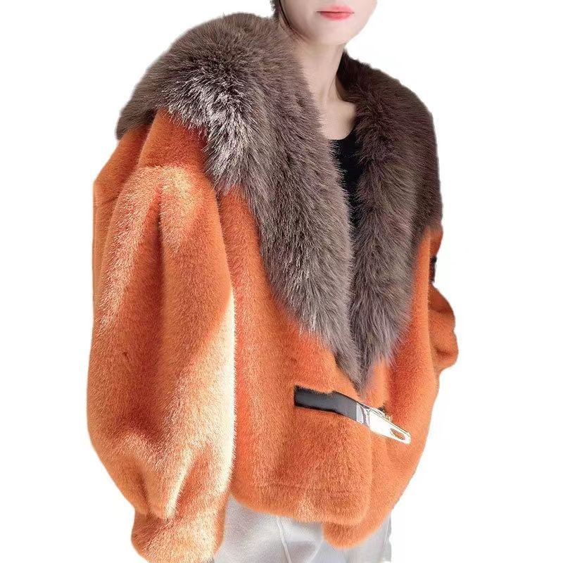 Dameskleding jas voor dames herfst- en winterstijl beroemdhedenstijl bont en leer mode geavanceerde kleur bijpassende sjaal bontkraag korte top_voghion.com
