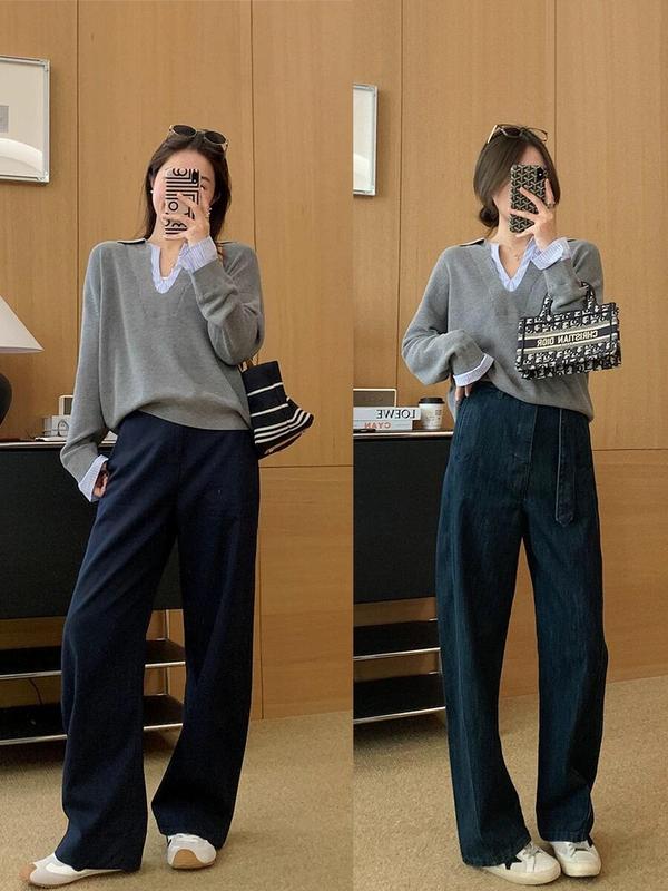 松弛感时髦撞色假两件拼接条纹针织衫女秋冬季设计感宽松V领上衣|undefined