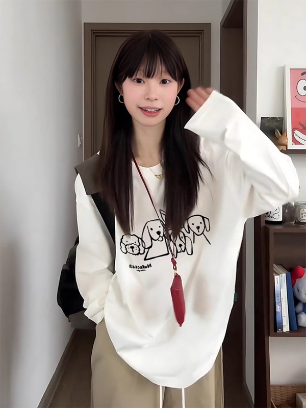 韩系字母小狗图案长袖t恤女春秋复古宽松oversize休闲秋季上衣潮|undefined