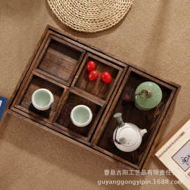 家用长方形水果盘木制餐具分格盘实木点心坚果盘茶盘烧桐木托家居