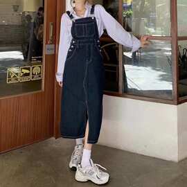 牛仔背带裙长款黑色开复古蝴蝶结女秋季新款感显瘦图片色针织面料